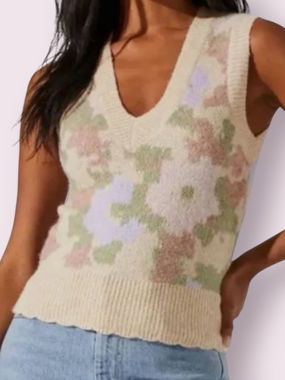 ASTR the Label Floral Sweater Vest Beige Lilac Pink Green Size Medium